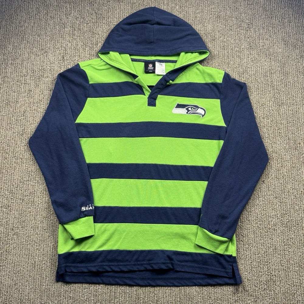 NFL Youth XL 18 Seattle Seahawks Long Sleeve Hooded Polo Rugby Shirt Stripe